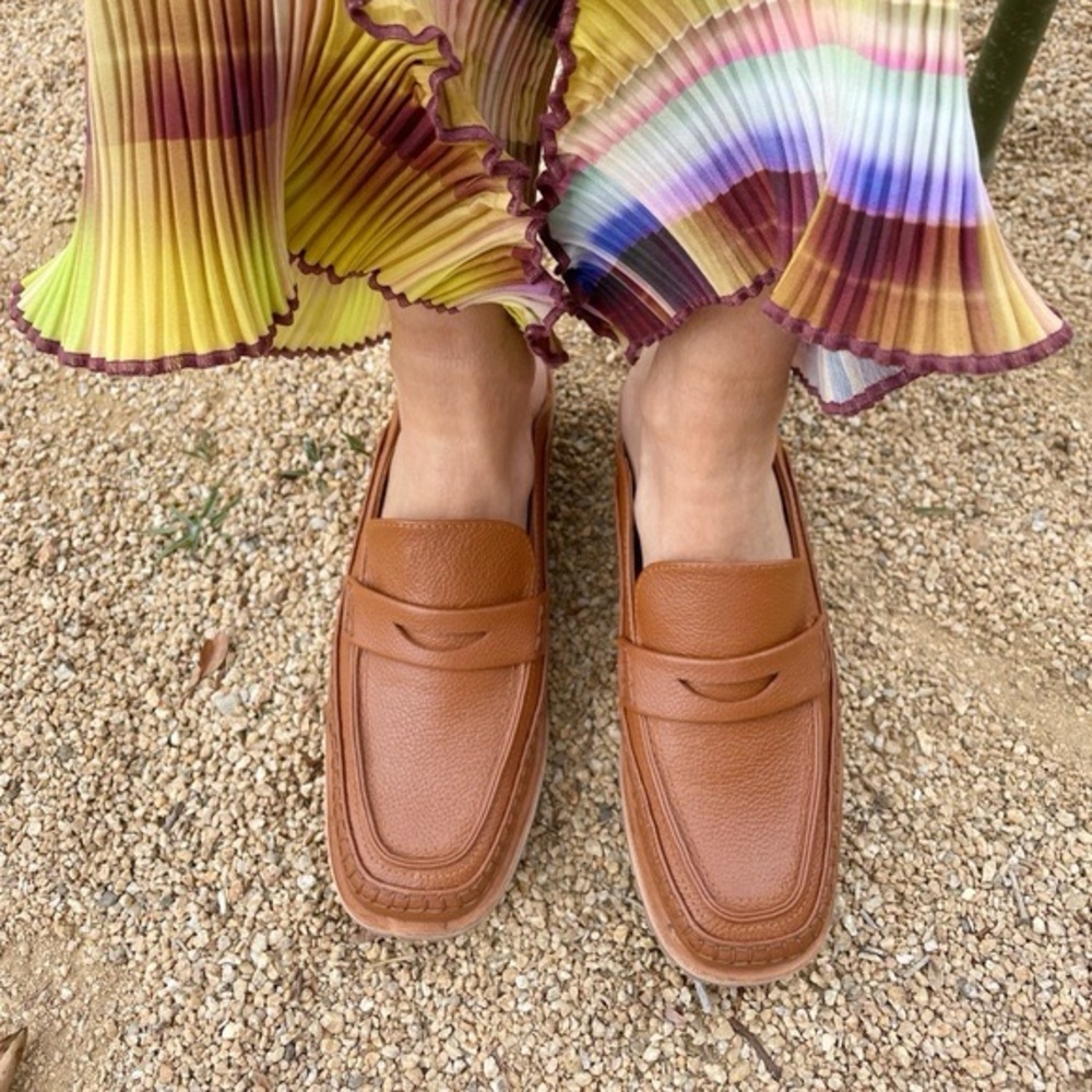 Leather Penny Loafer Mules in Cognac Brown